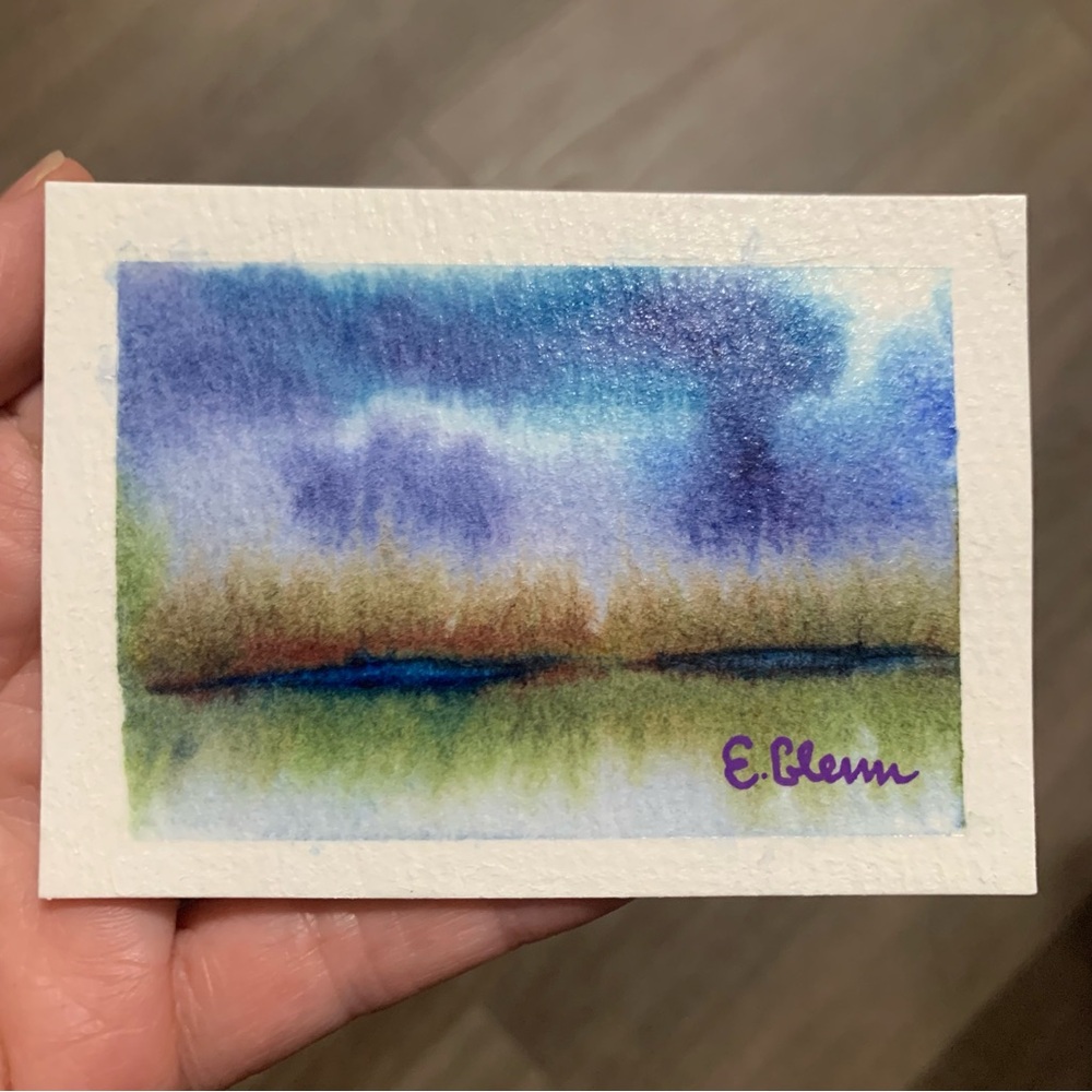 ACEO miniature Blue and Green Abstract Watercolor Landscape Painting by E. Glenn